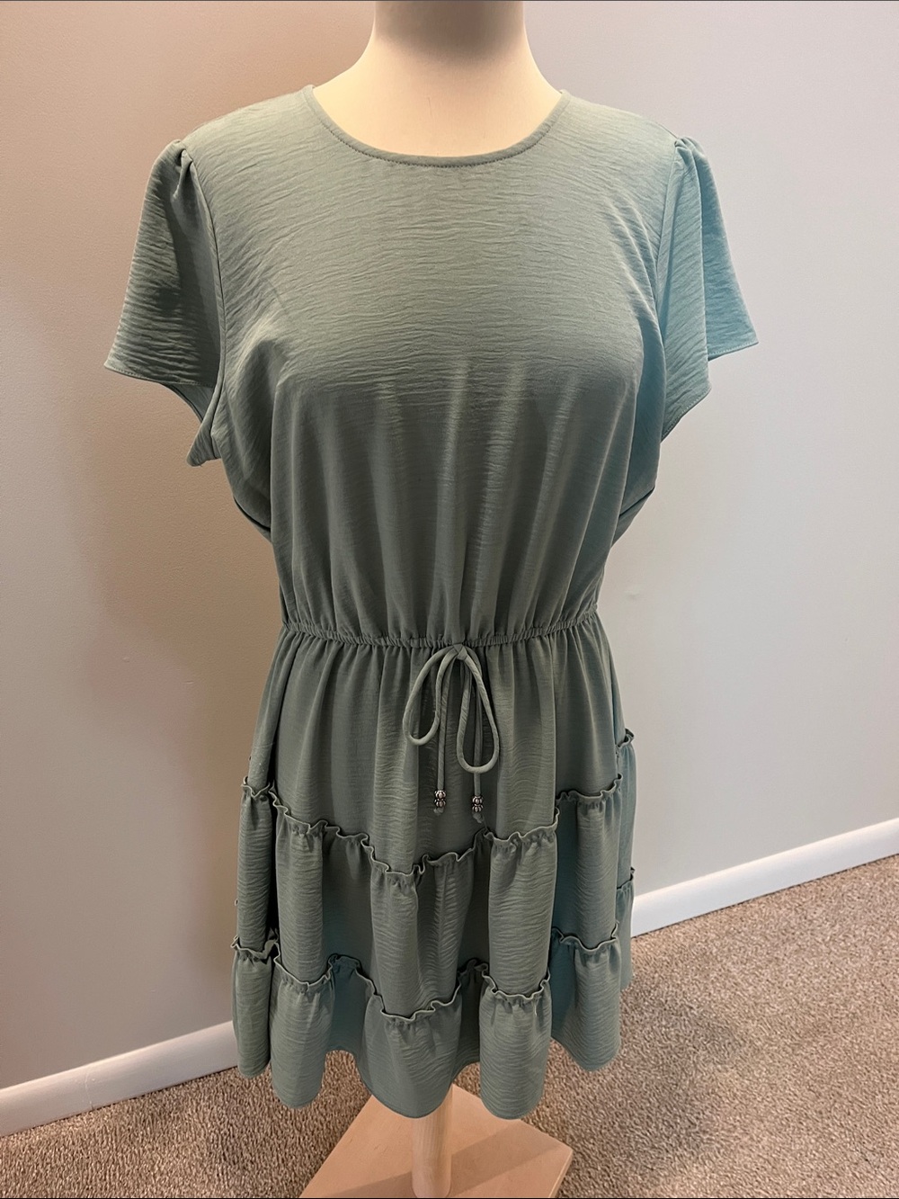 City Studio Dusty Sage Tiered Drawstring Mini Dress
